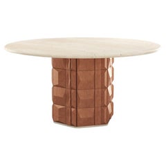 Table à manger ronde Milano 150 cm, couleur crème, en marbre et carreaux de terre cuite, par DOOQ