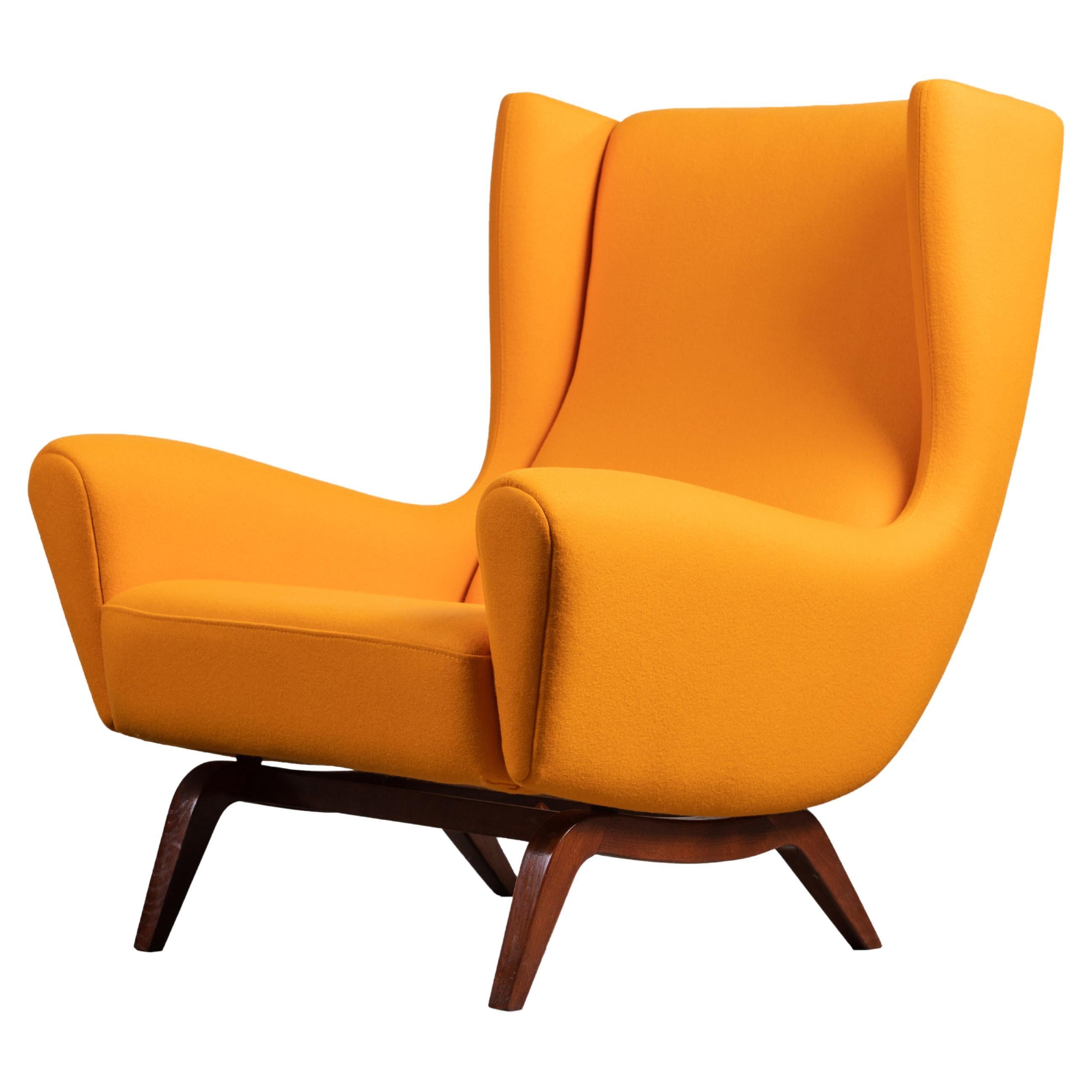 1950 Illum Wikkelsø Wingback Chair 'Model 110' Teak Wood Dominique Kieffer Wool For Sale