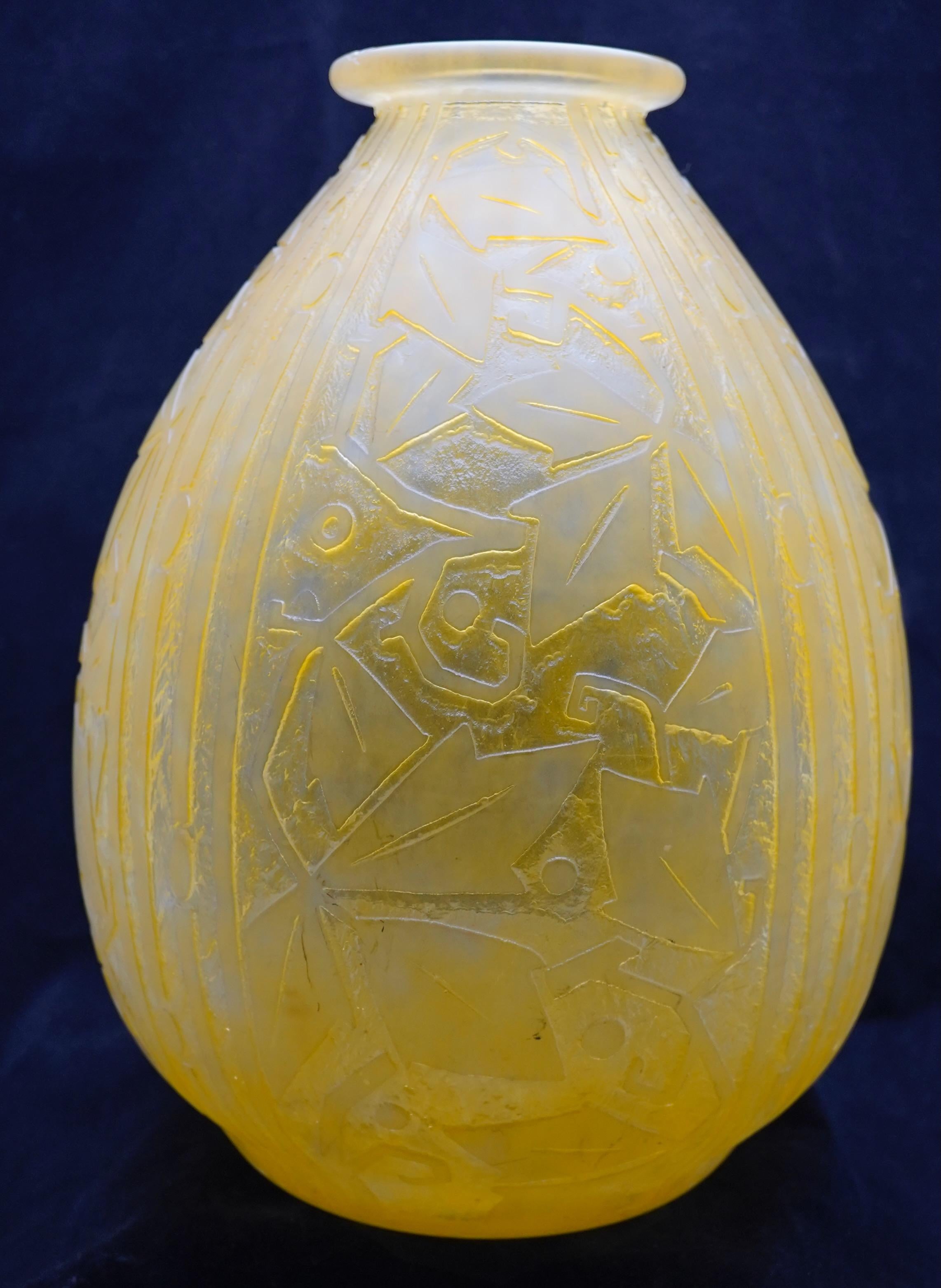 Daum Art Deco acid etched large vase. Impressive period design.  Wheel signed on the bottom: