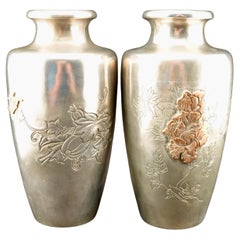 Japanese Mixed Metal Pair of Silver Vases Meiji Period