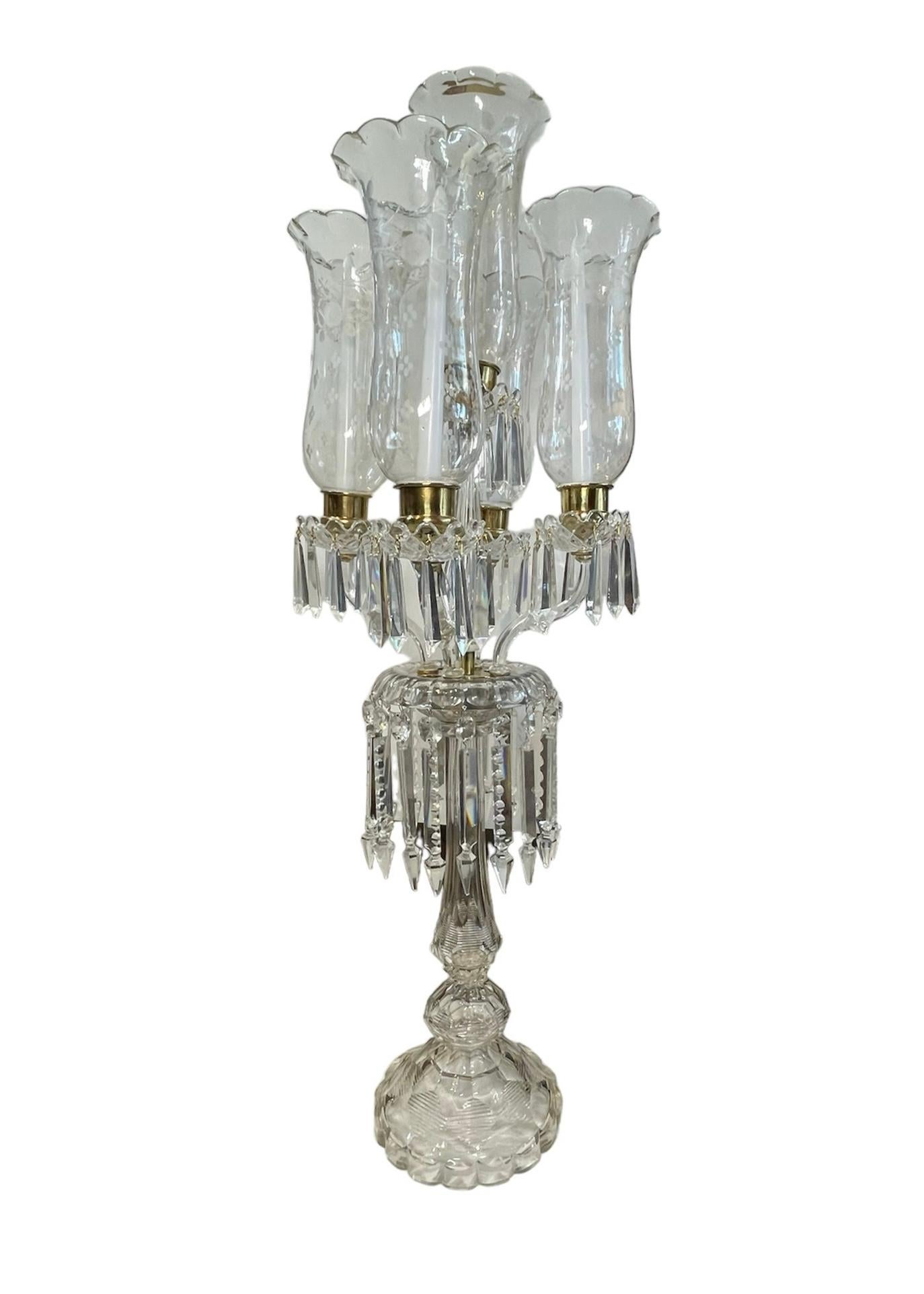 Baccarat Style Five Arms High and Large Crystal Candelabra For Sale 1