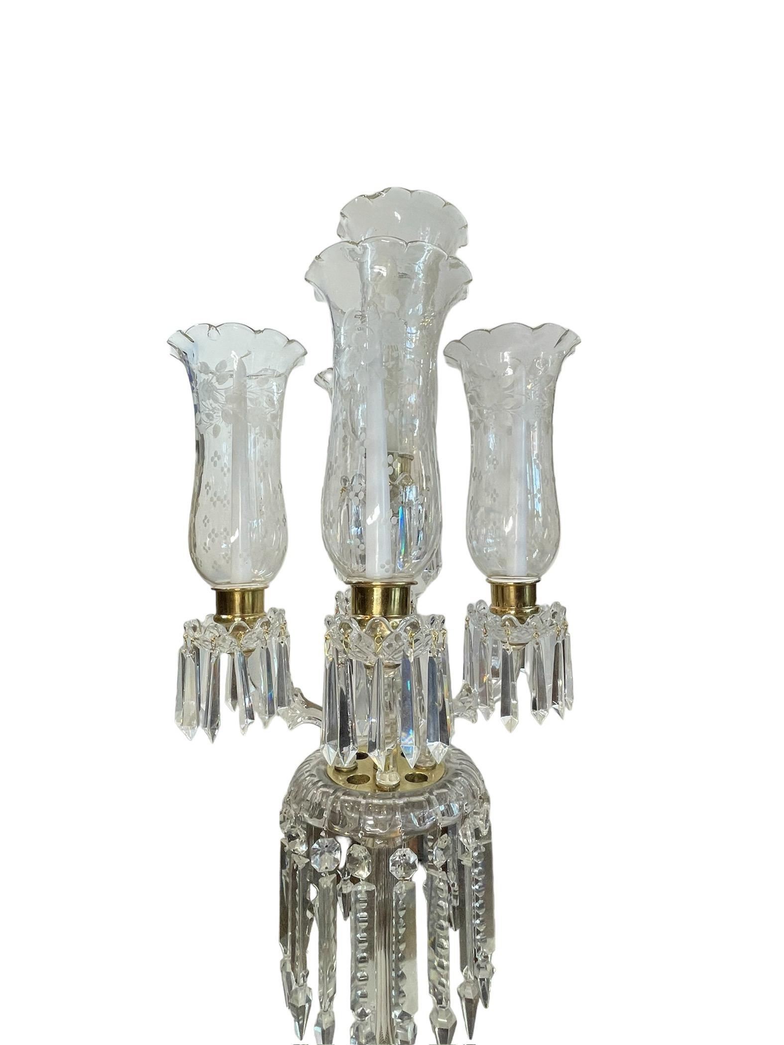 Etched Baccarat Style Five Arms High and Large Crystal Candelabra For Sale