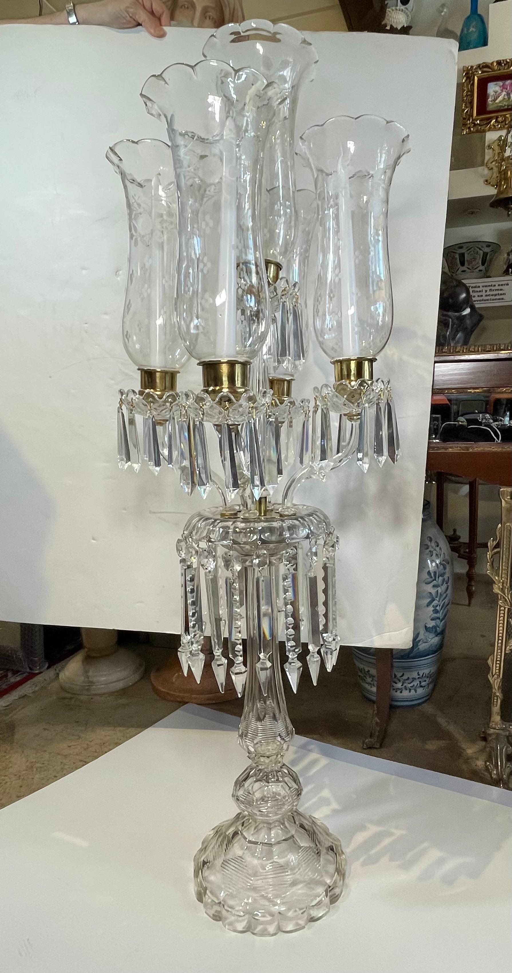 Baccarat Style Five Arms High and Large Crystal Candelabra For Sale 3