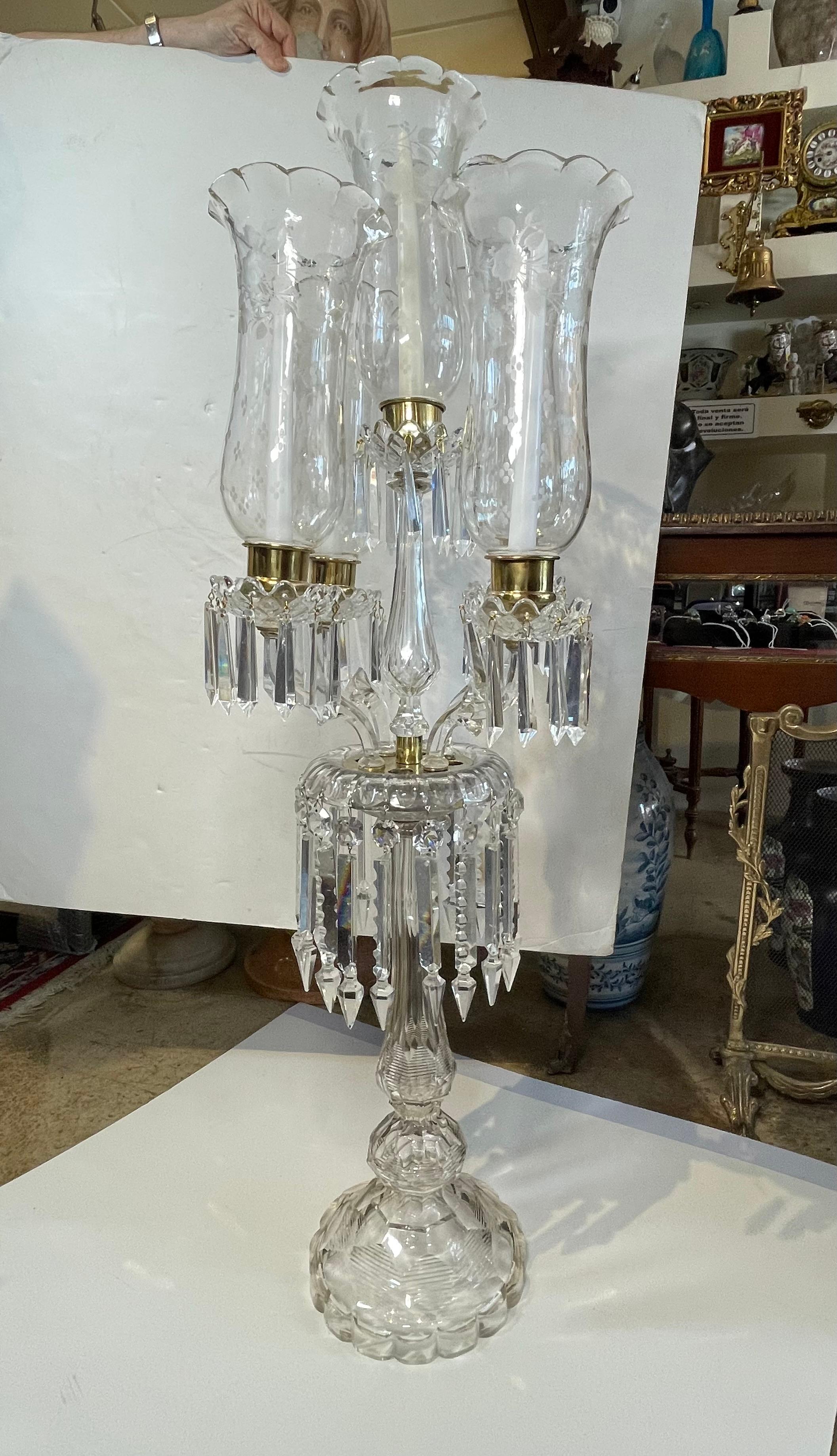 Baccarat Style Five Arms High and Large Crystal Candelabra For Sale 4