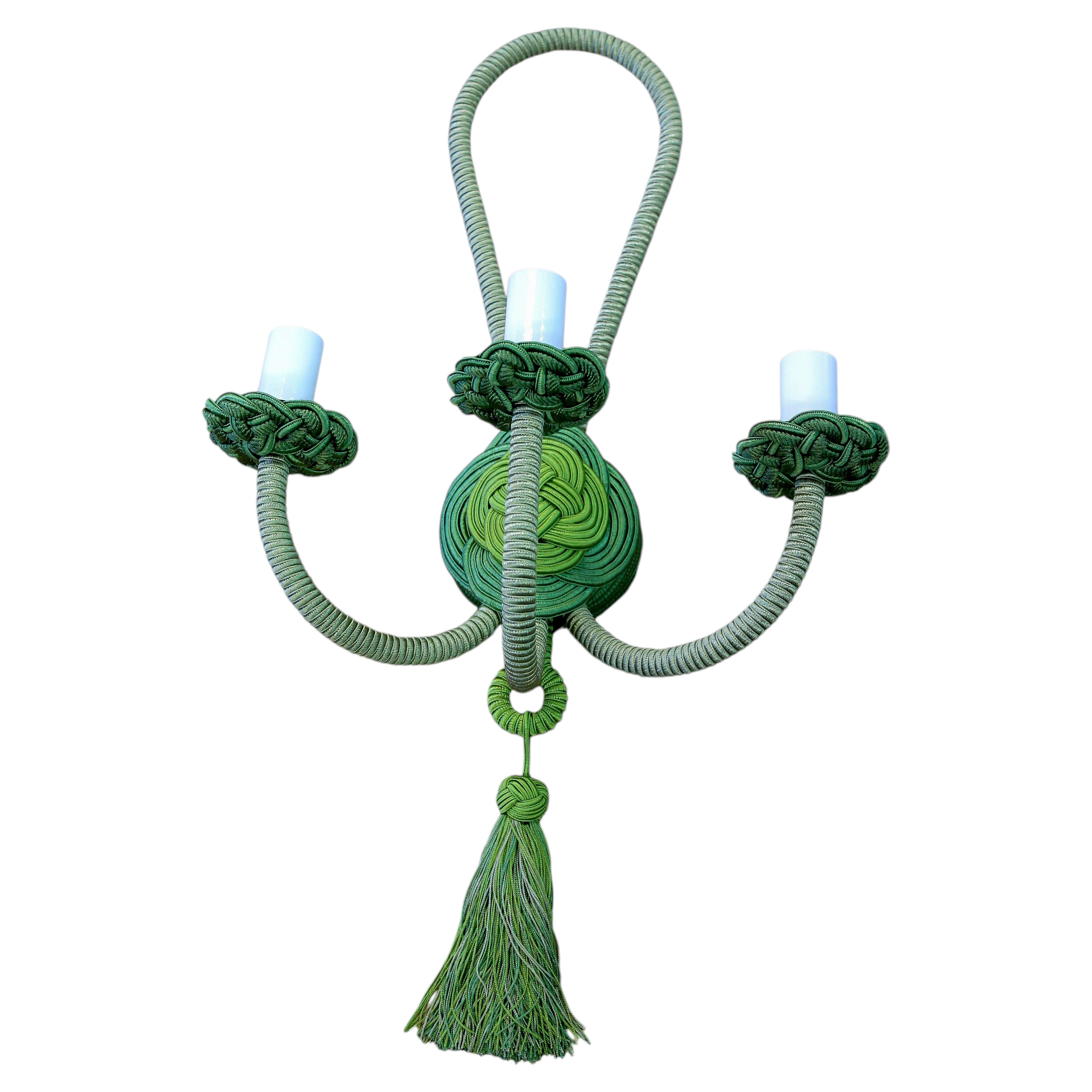 Wrought Iron Wall Sconce Wrapped in Green Passementerie, Silk Cords For Sale