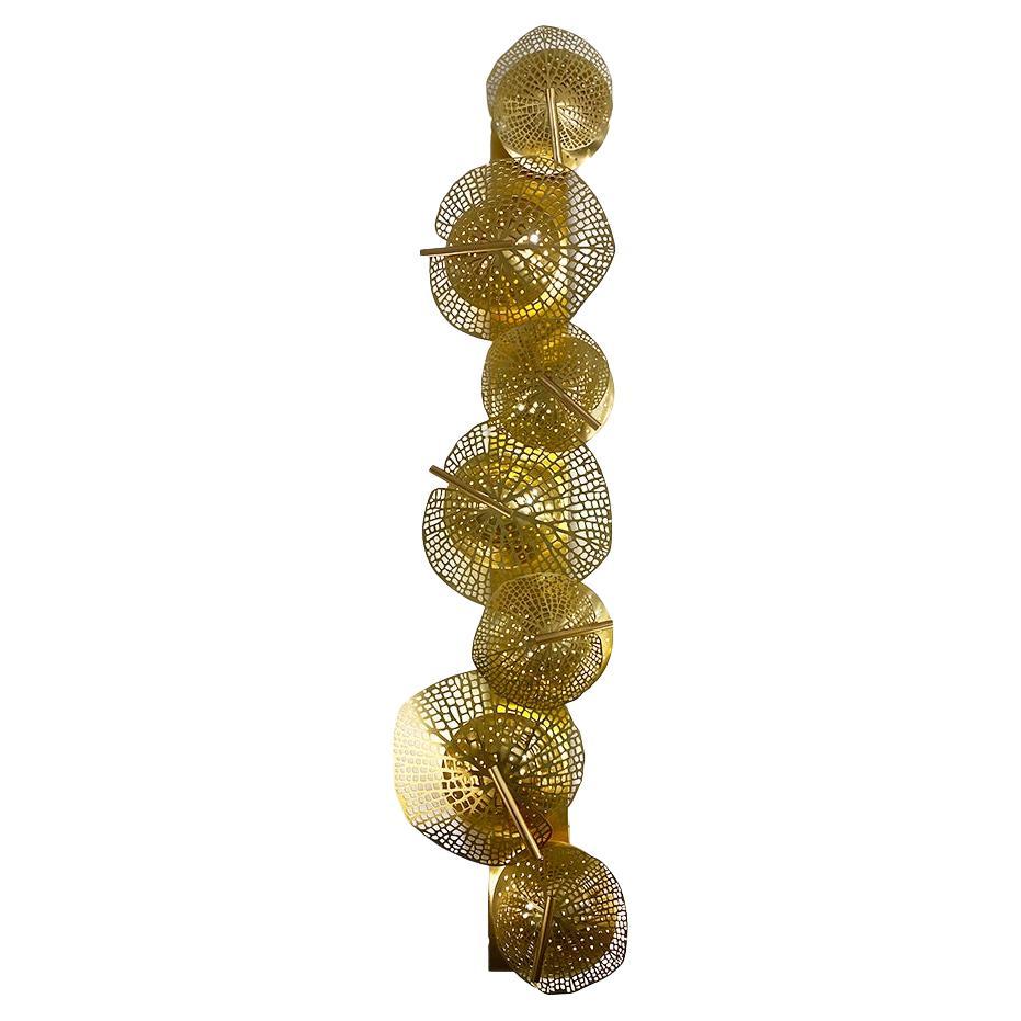 Monumental Italian Organic Art Design Modern Perforated Brass Leaf Sconce For Sale