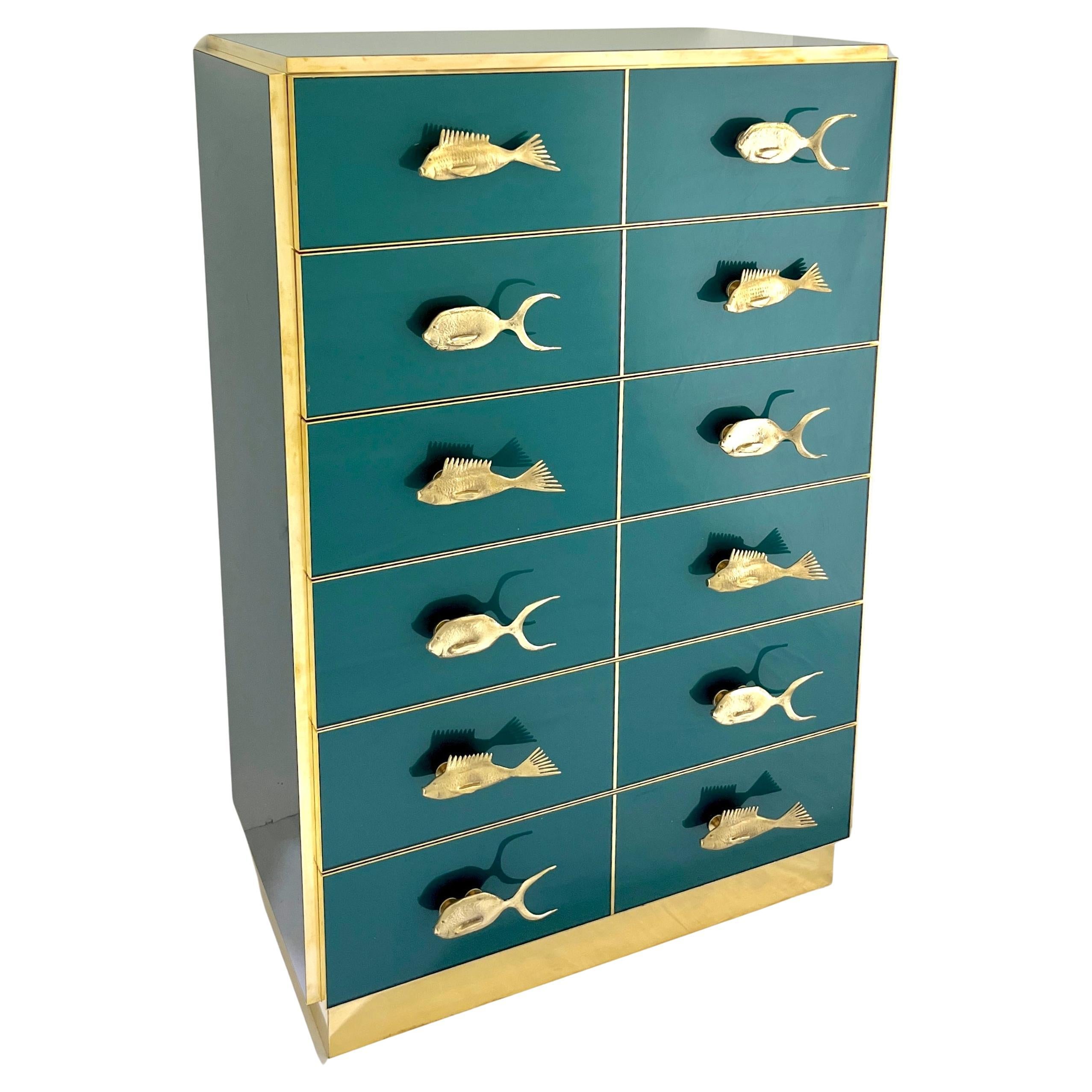 Bespoke Italian Brass Emerald Blue Green Art Glass 6-Drawer Highboy Dresser