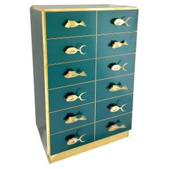 Bespoke Italian Brass Emerald Blue Green Art Glass 6-Drawer Highboy Dresser