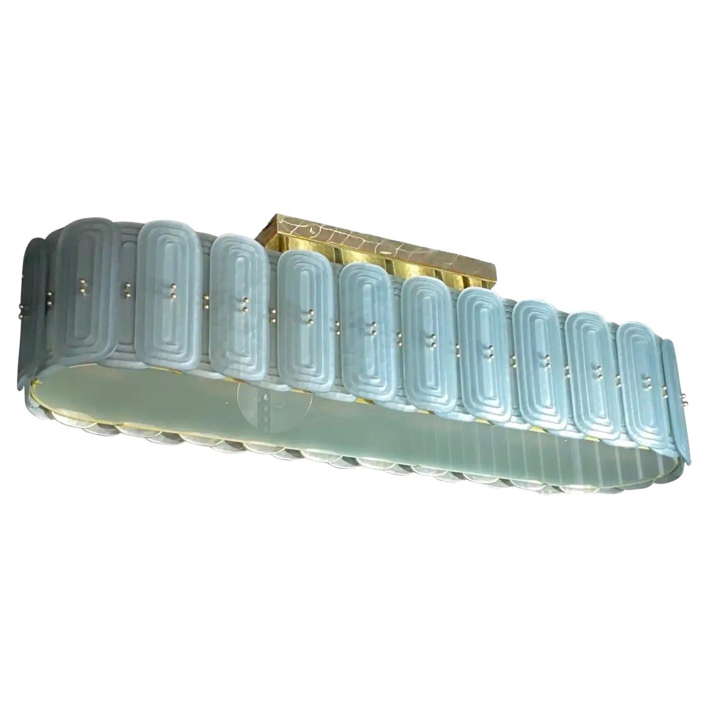 Lampadario ovale in ottone in stile Fontana Arte, perlato, blu acqua e vetro di Murano in vendita