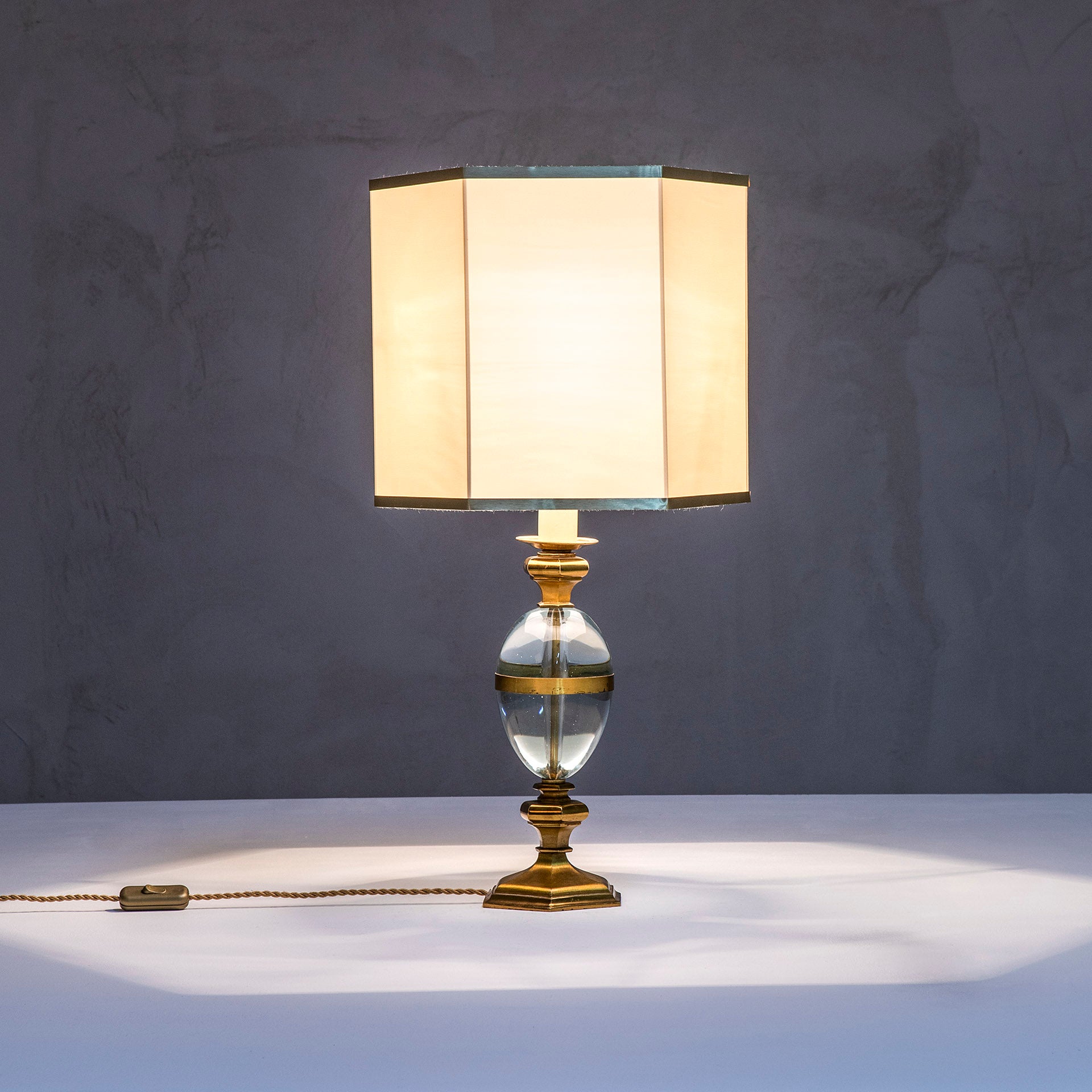 20th Century Gabriella Crespi Table Lamp in Brass and Glass and Fabric Lampshade
