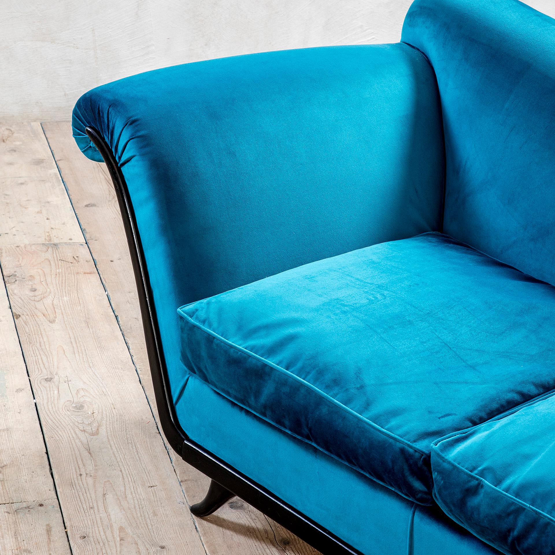 20th Century, Guglielmo Ulrich Blue Velvet Sofa 1950 en Bueno estado para la venta en Turin, Turin