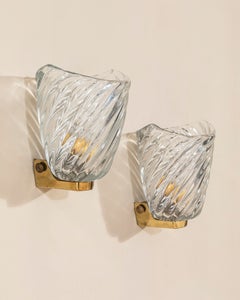 Venini Pair of Wall Lights, Brass and Murano Glass, 1950