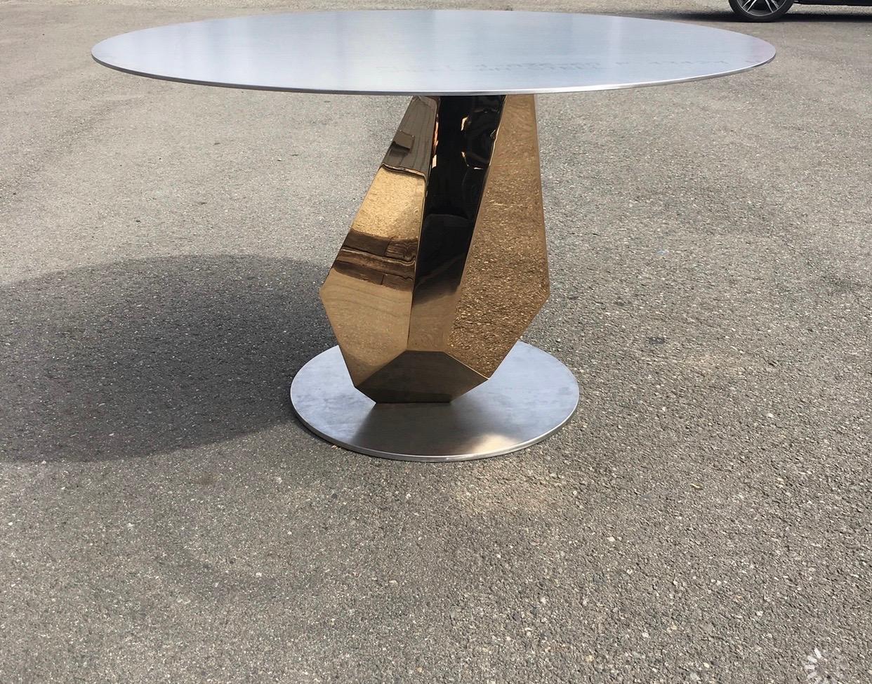Geometric Sculptural Metal Table Mirror Polished Bronze & Blackened In Stock In New Condition For Sale In Seattle, WA