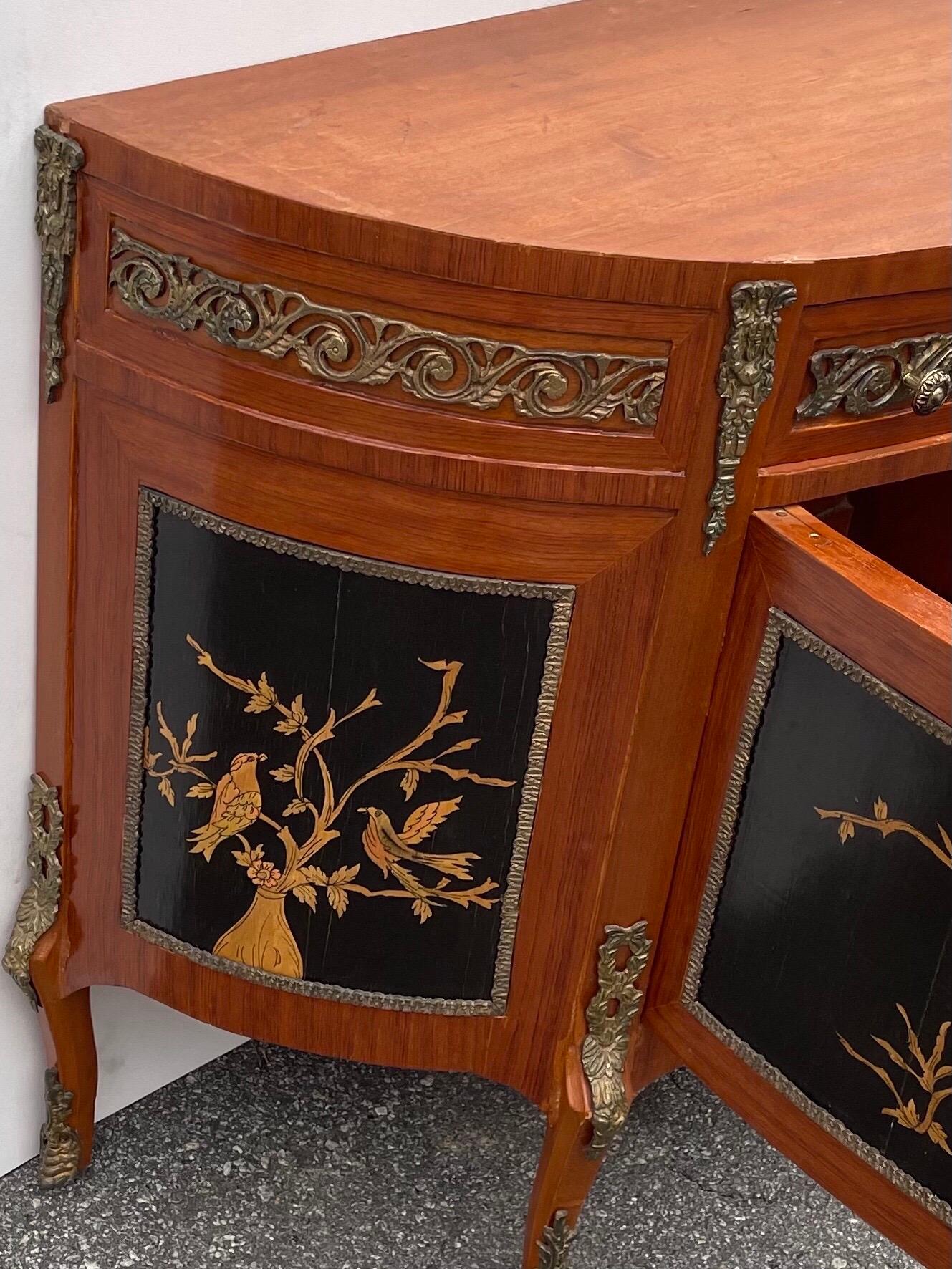 1950s French Style Chinoiserie Demilune Bronze and Marble Top Cabinet 1