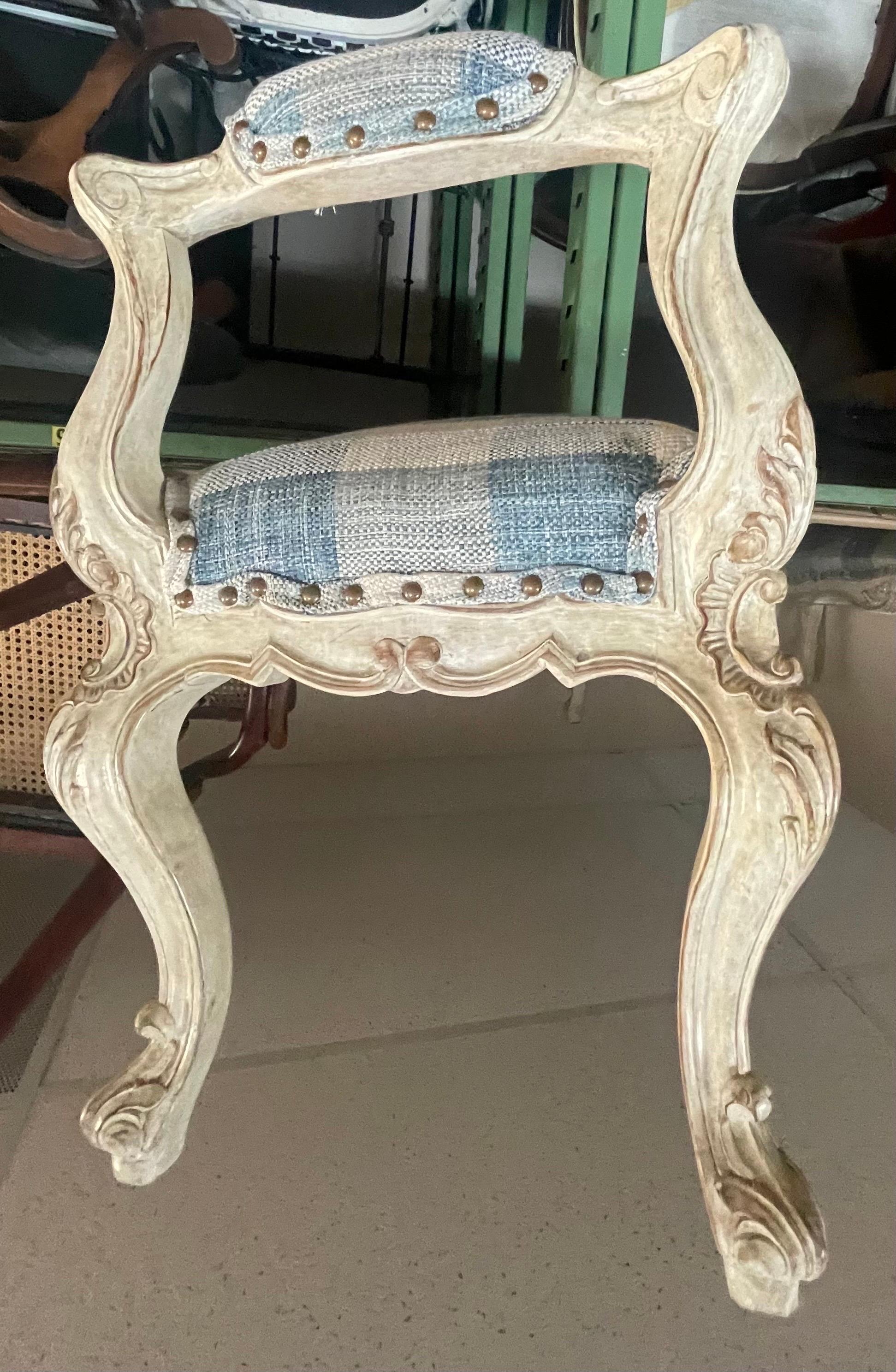 Abalone Mid-Century Carved French Style Blue and White Bench