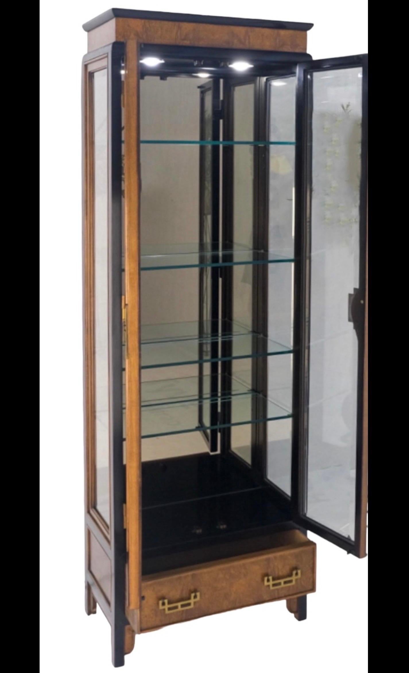 James Mont Asian Modern Style Burl & Brass Vitrines / Display Cabinets - Pair For Sale 4