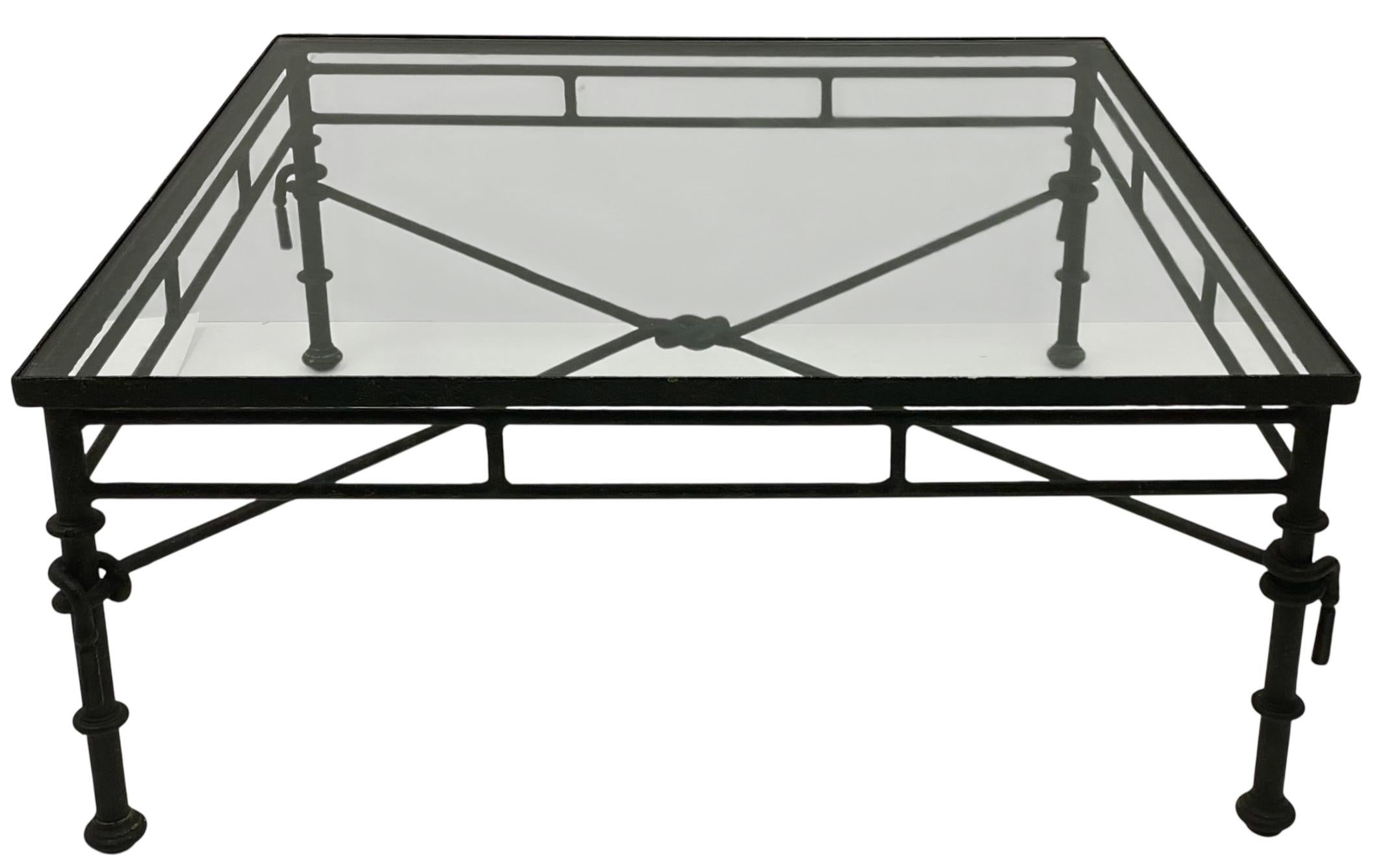 Giacometti Inspired Modern Rustic Sculpted Square Iron Coffee Table Glass Top For Sale