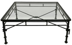 Giacometti Inspired Modern Rustic Sculpted Square Iron Coffee Table Glass Top