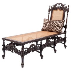 19th-C. English British Colonial Jacobean Carved Oak & Cane Chaise