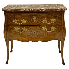 Italian Carved Walnut Rouge Marble Top Commode with French Styling