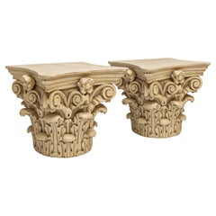 19th Century Carved Neo-Classical Style Carved Wood Capitals Side Tables Pair