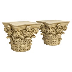19th Century Carved Neo-Classical Style Carved Wood Capitals Side Tables Pair