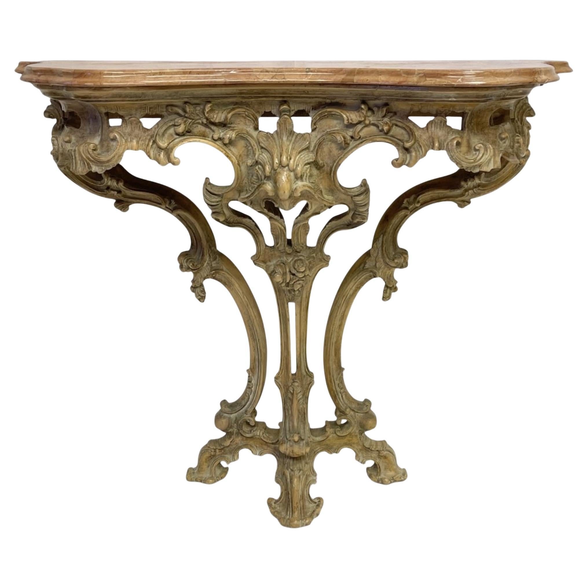 French Rococo Carved Pine Console Table with Rouge Marble Top