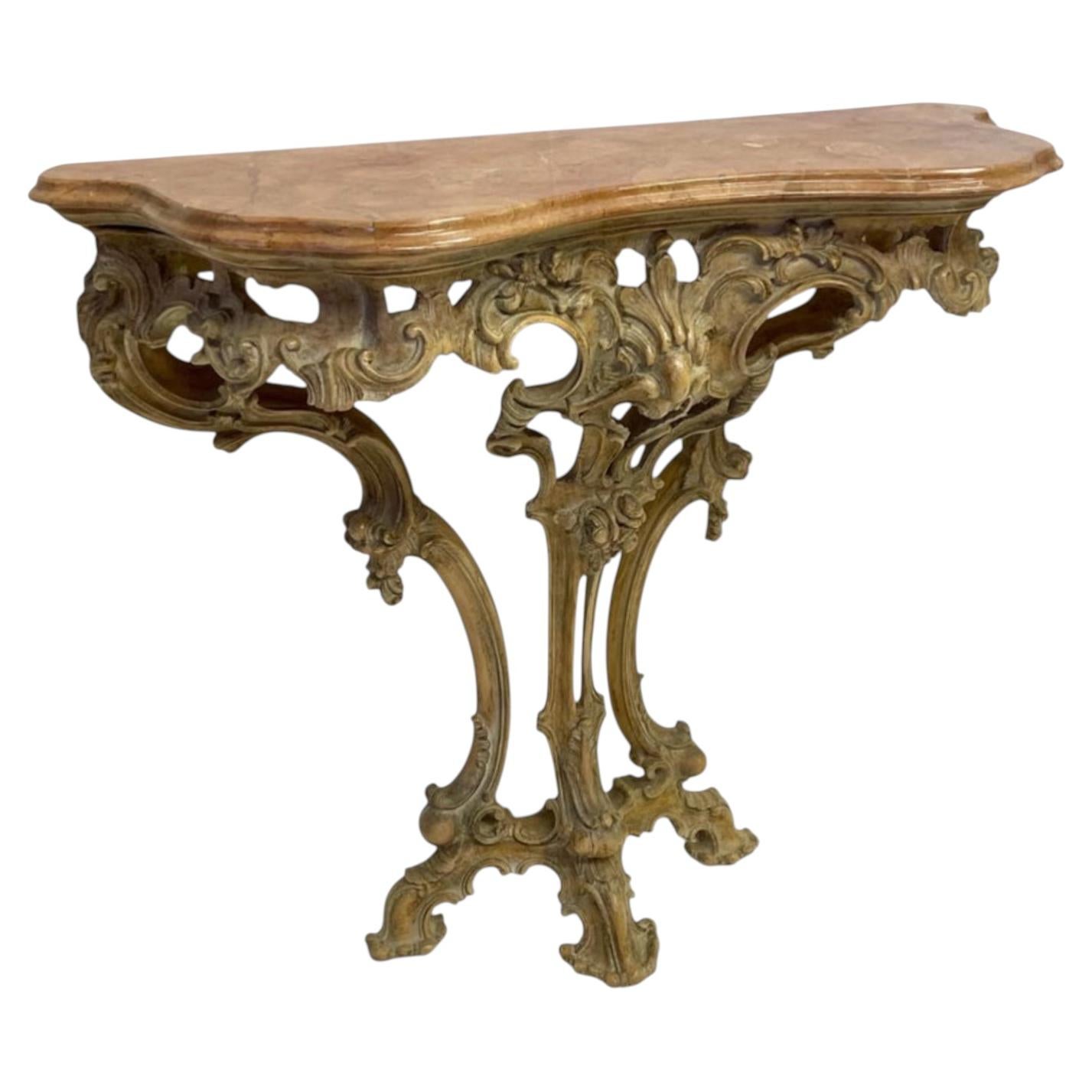 French Rococo Carved Pine Console Table with Rouge Marble Top