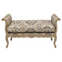 1950s French Provincial Style Gray Carved and Painted Bench W/ Down Cushion