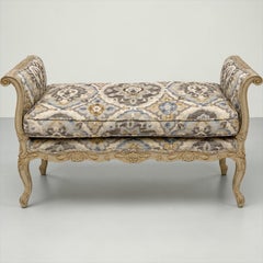 1950s French Provincial Style Gray Carved and Painted Bench W/ Down Cushion