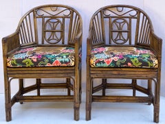 Chippendale Style Bamboo or Rattan Chairs with Asian Tiger Upholstery, Pair