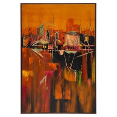 Large Scale Mid-Century Modern Signed Abstract Seascape Oil on Canvas Painting