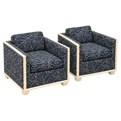 Hollywood Regency Era Navy Blue Faux Bamboo Banana Leaf Club Chairs, a Pair
