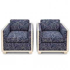 Hollywood Regency Era Navy Blue Faux Bamboo Banana Leaf Club Chairs, a Pair