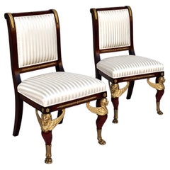 Late 19th-C. French Empire Gilt Bronze Mahogany Side Chairs - Pair