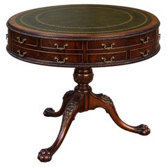 English Leather Top Georgian Style Mahogany Drum Table with Ball & Claw Feet