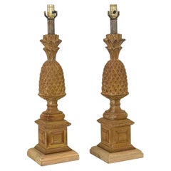 Hollywood Regency Italian Carved & Cerused Pineapple Table Lamps, Pair