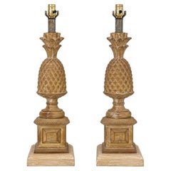 Hollywood Regency Italian Carved & Cerused Pineapple Table Lamps, Pair