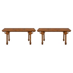 Ming Style Carved Walnut Draw Leaf Altar / Console Tables by Drexel, Pair
