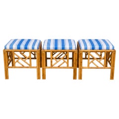 Chinese Chippendale Style Rattan / Bamboo Ottomans / Tables in Blue & White, S/3