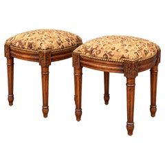 French Style Carved Fruitwood Ottomans Stools in Needlepoint Leopard, Pair