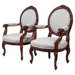 19th-C. French Neo-Classical Carved Walnut Bergere Chairs with Rams, Pair