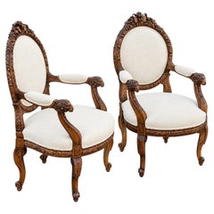 19th-C. French Neo-Classical Carved Walnut Bergere Chairs with Rams, Pair