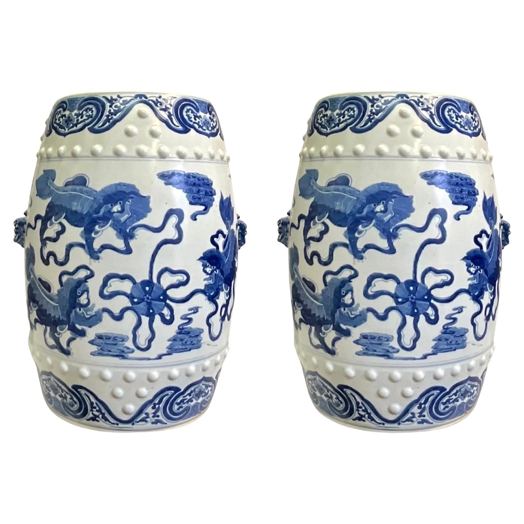 Chinese Export Style Blue and White Ceramic Foo Lion Garden Stools / Tables - 2 For Sale