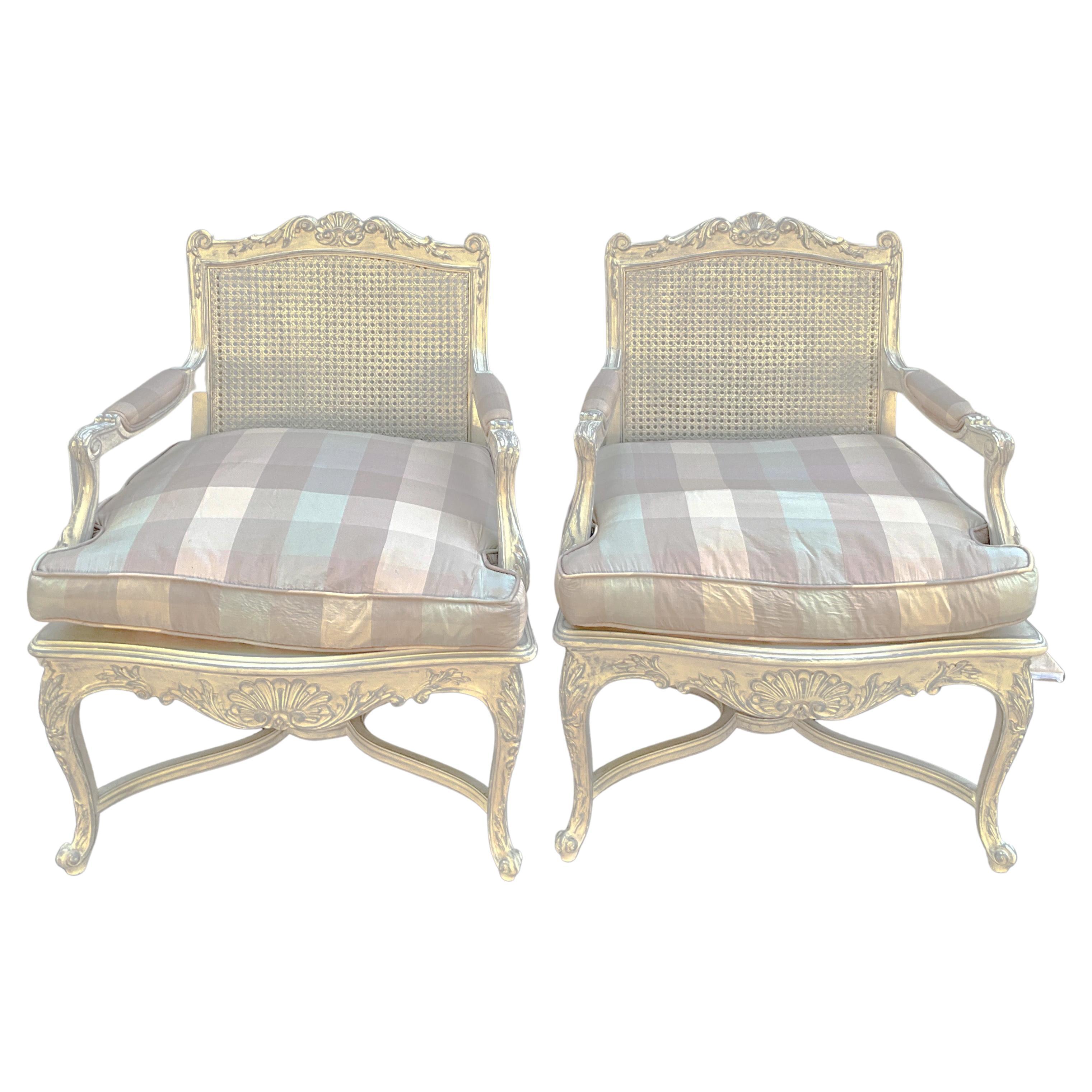 French Louis XV Style Carved Shell & Painted Caned Bergere Chairs -Pair For Sale