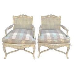 French Louis XV Style Carved Shell & Painted Caned Bergere Chairs -Pair