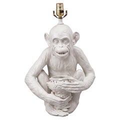 1970s Blanc De Chine Style Italian Ceramic Tropical Monkey Table Lamp