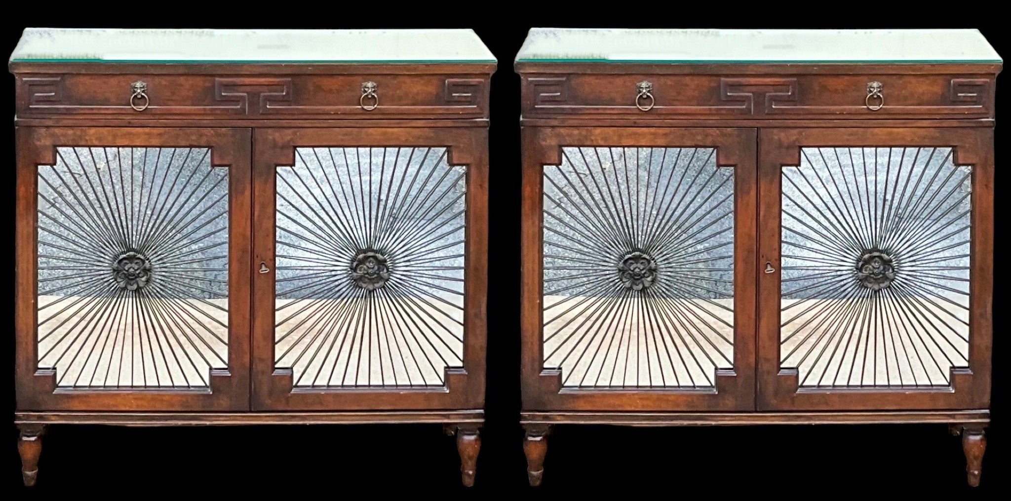 1950s Regency Style Mirrored Sunburst Mahogany Greek Key Cabinets - Pair