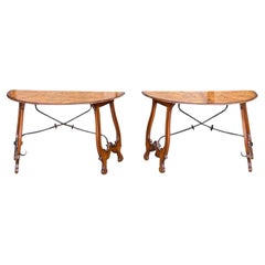 Italian Baroque Style Burl Walnut W/ Iron Stretcher Console Tables - Pair