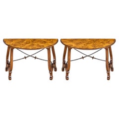 Italian Style Burl Walnut And Iron Demilune Console Tables - Pair